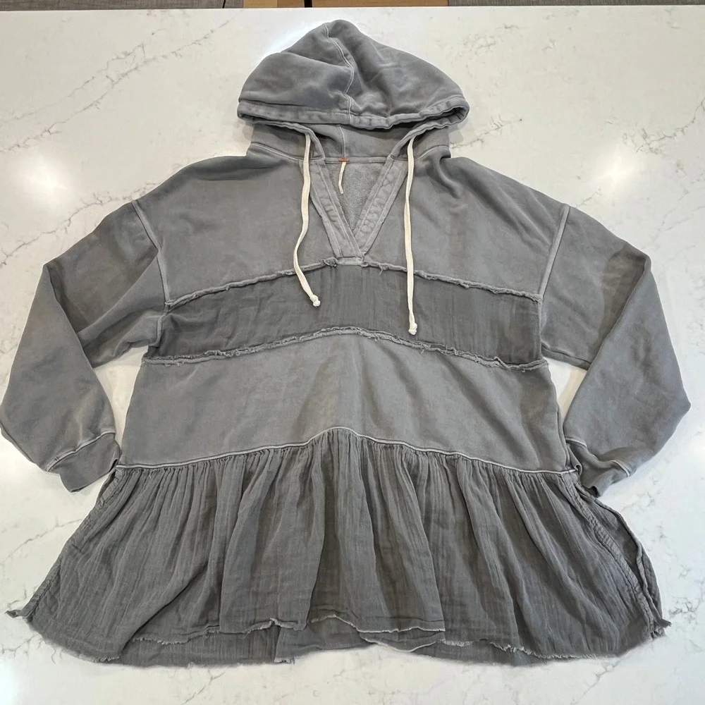Free People Sail Away Ruffle Hoodie Womens L Gray Cotton Oversized Tunic Raw Hem